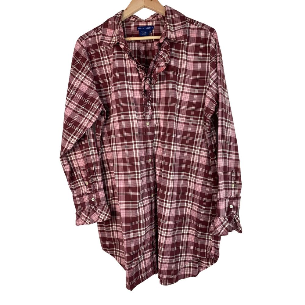 Ralph‎ Lauren Women's L/XL Pink Plaid Ruffle Button Up Shirt Dress *